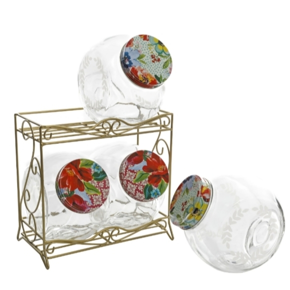 ❤️ Rare Pre-loved Floral Medley Glass Jars with Metal Rack - Picture 2 of 8